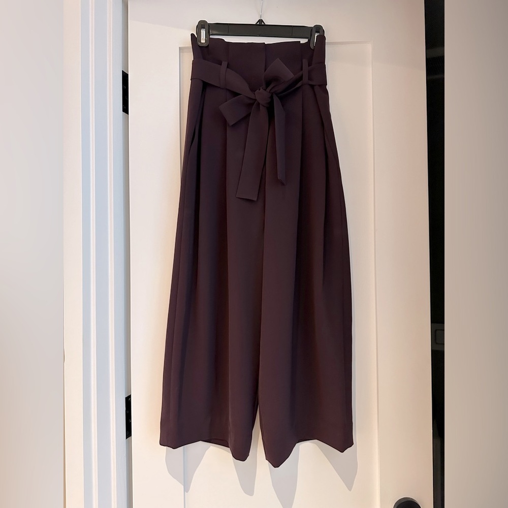 COS High Waisted Pleated Tie Belted Trousers in Eggplant